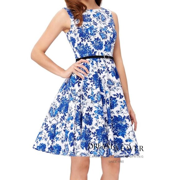 Blue & White Floral Retro Dress - Picture 1 of 1
